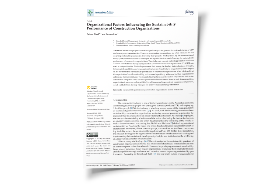 Organizational Factors Influencing the Sustainability Performance of Construction Organizations